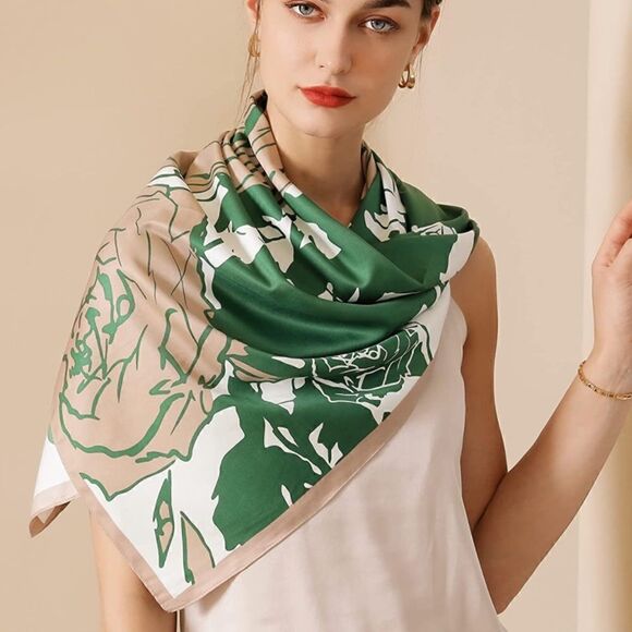 Green Floral Silky Scarf  - Picture 1 of 4